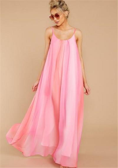 Σύγχρονο γυναικείο φόρεμα με λουράκια σε ροζ και μοβ χρώμα