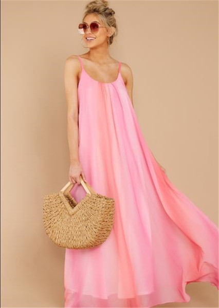 Σύγχρονο γυναικείο φόρεμα με λουράκια σε ροζ και μοβ χρώμα
