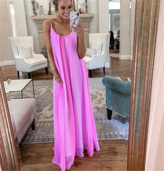 Σύγχρονο γυναικείο φόρεμα με λουράκια σε ροζ και μοβ χρώμα