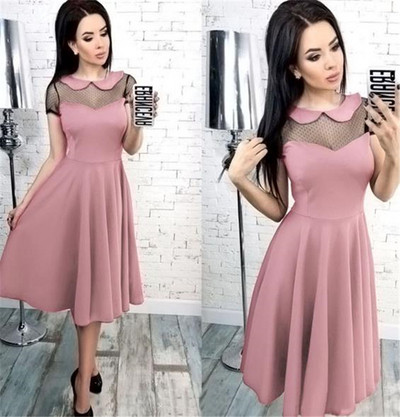 Модерна дамска рокля с къс ръкав и тюл в розов цвят