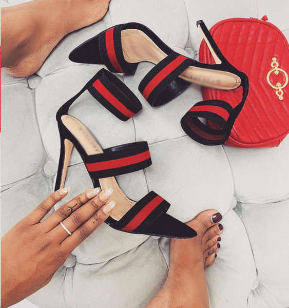 Стилни дамска сандали на висок ток в черен и червен цвят 