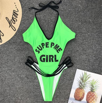 Дамски бански костюм с дълбоко V-образно деколте и надписи в два цвята