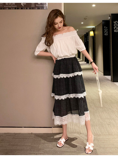 Дамски ежедневен комплект от блуза и дълга пола в бяло и черно