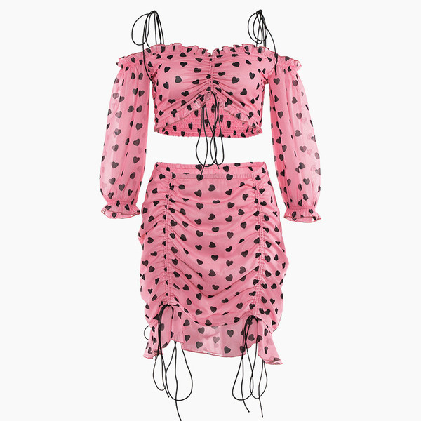 Дамски комплект къс топ и пола с връзки 