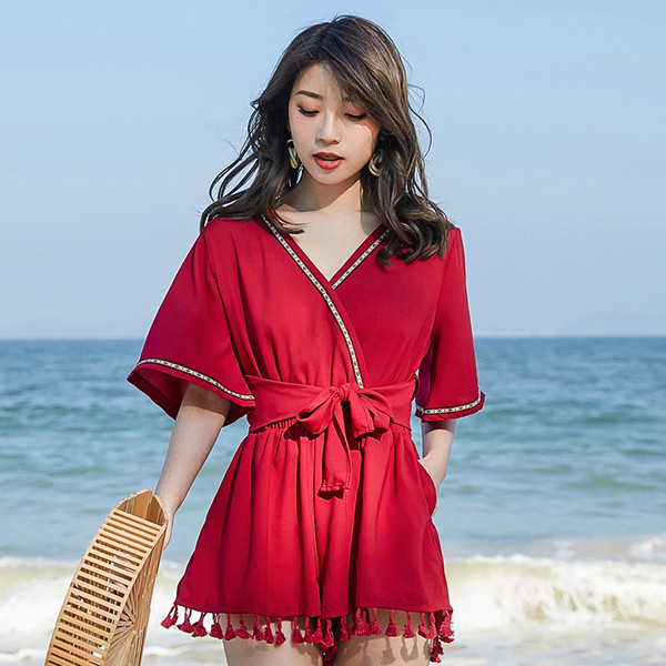 Дамски летен къс гащеризон в червено 