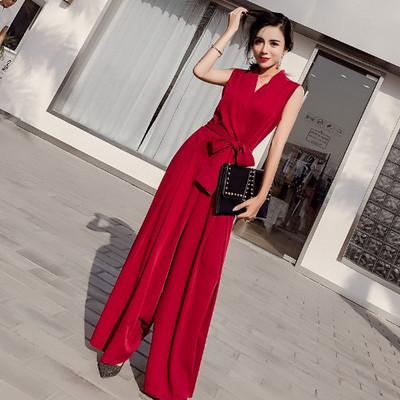 Elegáns női jumpsuit V-nyakkal és megkötővel piros, bézs és fekete színben