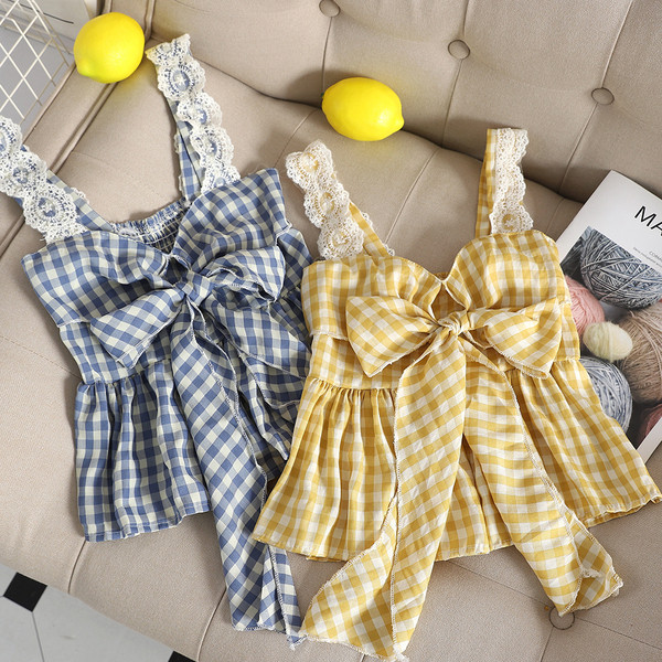 Дамски кариран потник с дантела и елемент панделка