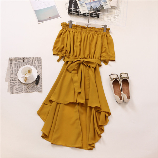 Ежедневна дамска рокля с голи рамене и връзки в четири цвята 