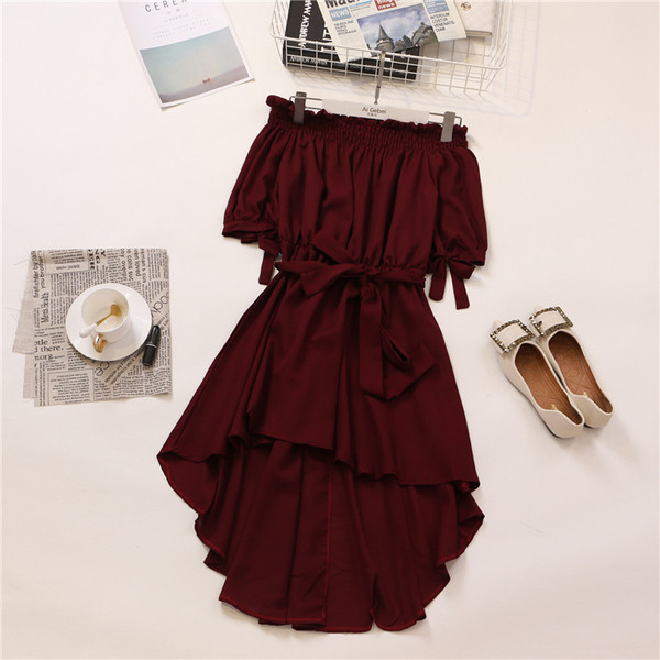 Ежедневна дамска рокля с голи рамене и връзки в четири цвята 