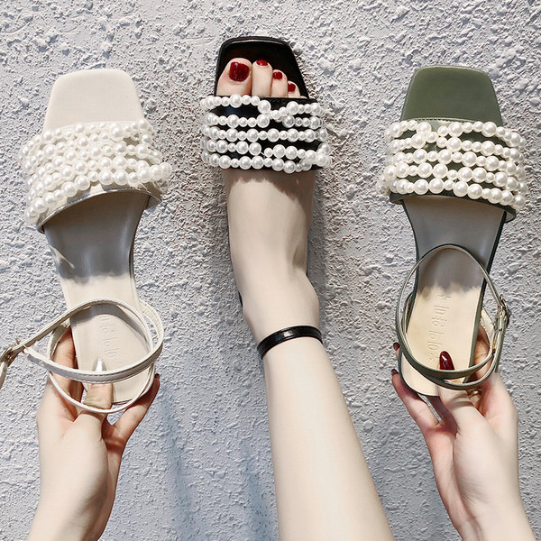 НОВ модел дамски сандали с декорация перли в три цвята