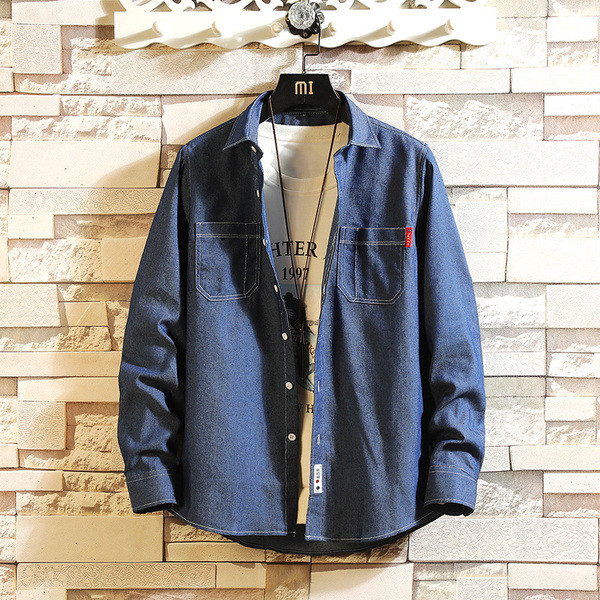 Модерна мъжка дънкова риза в син и черен цвят