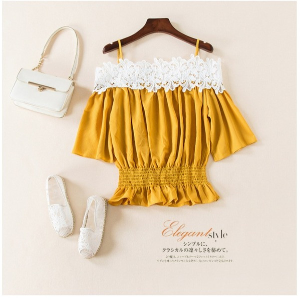 Κομψή γυναικεία μπλούζα με δαντέλα κίτρινο χρώμα