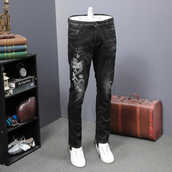 Blugi lungi negri pentru bărbați cu broderie