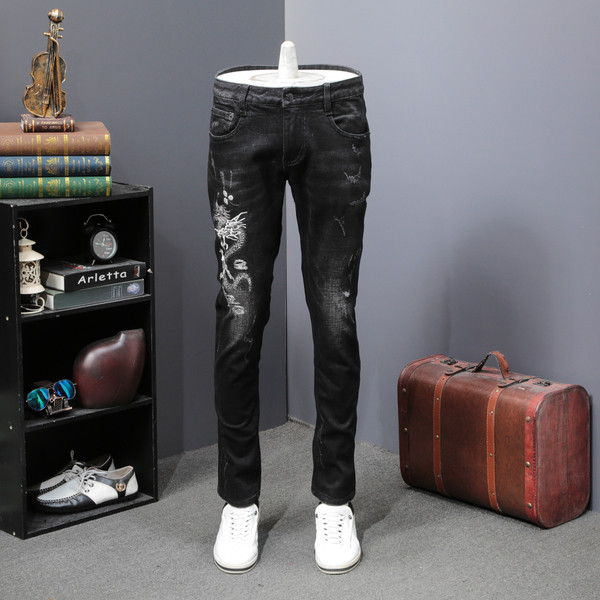 Blugi lungi negri pentru bărbați cu broderie