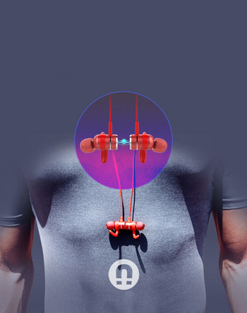 Безжични Bluetooth  слушалки  за спорт с микрофон, Bluetooth,магнит и зареждане с USB кабел в червен цвят