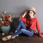 Blugi lungi casual cu broderie in albastru deschis si inchis