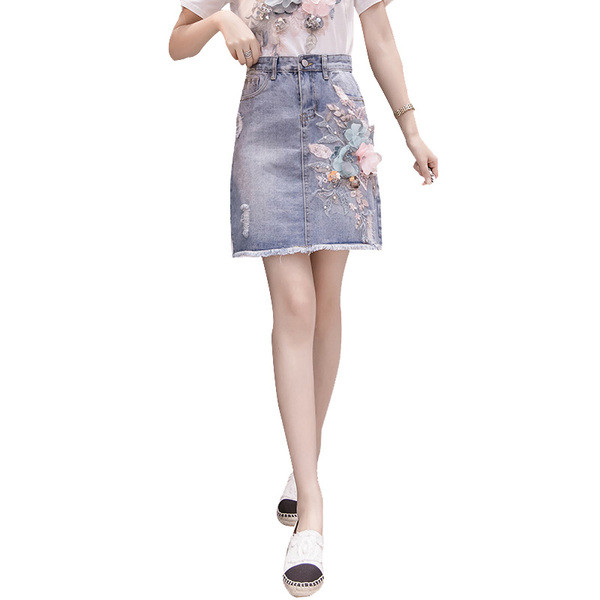 Fusta de dama scurta din denim cu decor 3D si broderie perla