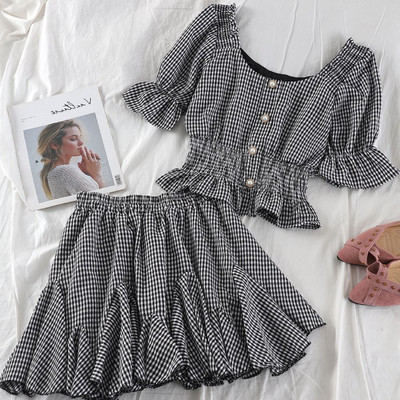 Set de fustă și maieu în carouri de damă modern în trei culori