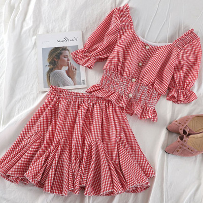 Set de fustă și maieu în carouri de damă modern în trei culori