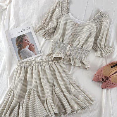 Set de fustă și maieu în carouri de damă modern în trei culori