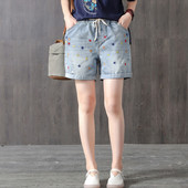 Blugi scurti de dama casual cu broderie elastica si legaturi in talie