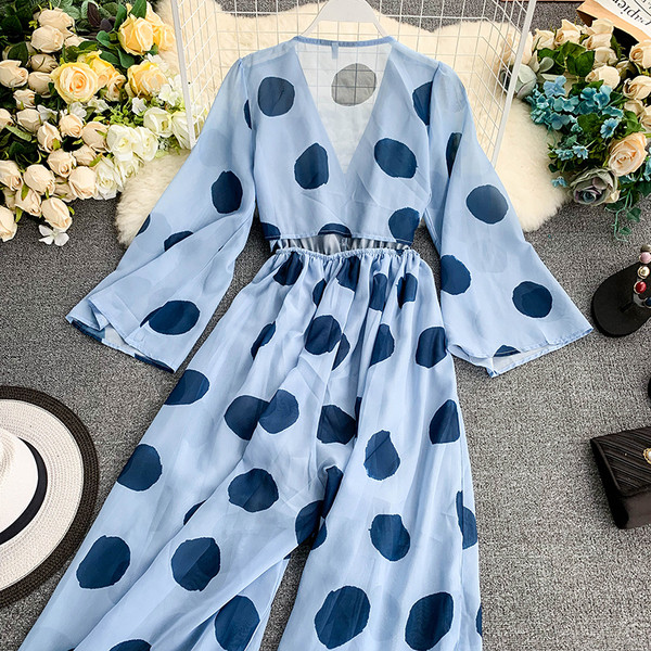 Salopetă lungă de damă modernă cu decolteu în V