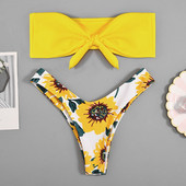 Kétrészes fürdőruha virágmintás sárga és fekete színben