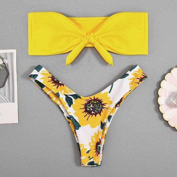 Kétrészes fürdőruha virágmintás sárga és fekete színben