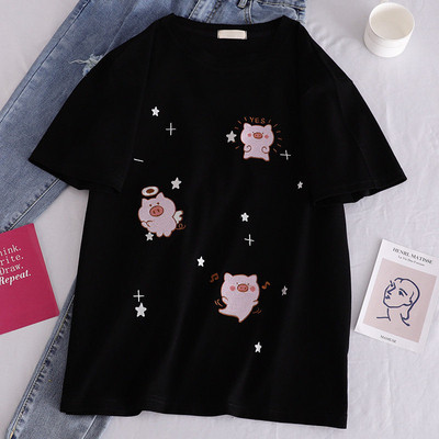 Μοντέρνο γυναικείο T-shirt με έγχρωμο κεντήματα σε μαύρο και άσπρο χρώμα