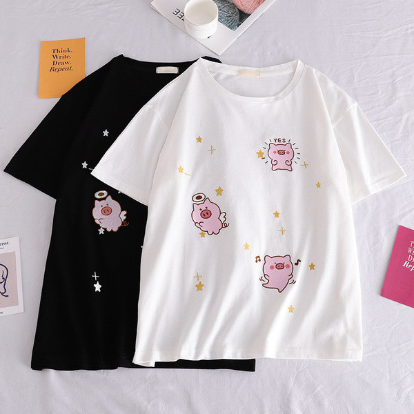 Μοντέρνο γυναικείο T-shirt με έγχρωμο κεντήματα σε μαύρο και άσπρο χρώμα