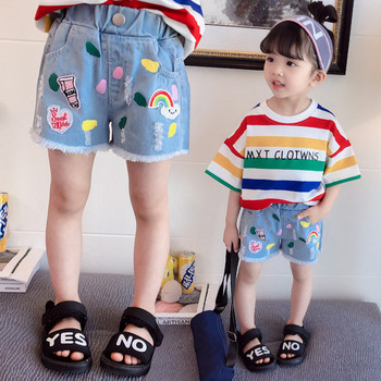 Детски модерни дънки с копче и бродерия за момичета