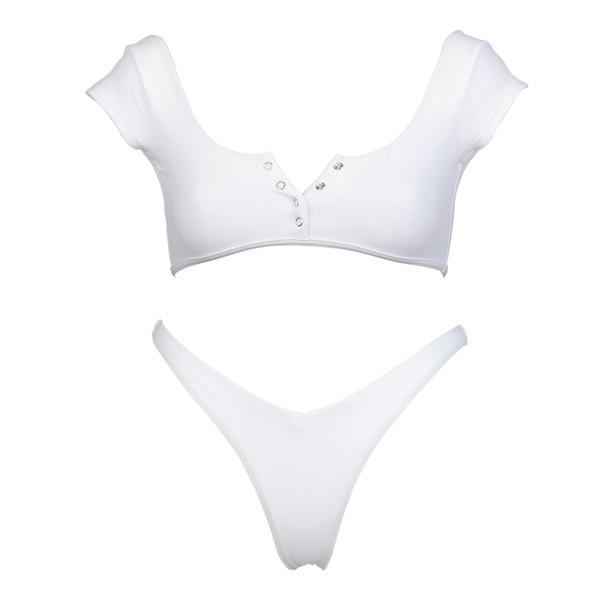 Kétrészes fürdőruha fehér és fekete gombokkal