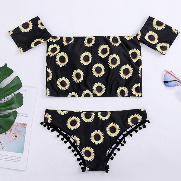 Új modell fürdőruha kétrészes rövid ujjú fekete színben mintával