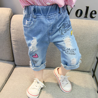 Модерни детски дънки с апликация и джобове за момичета 