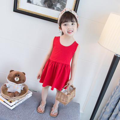 Детска модерна рокля разкроен модел в червен и зелен цвят