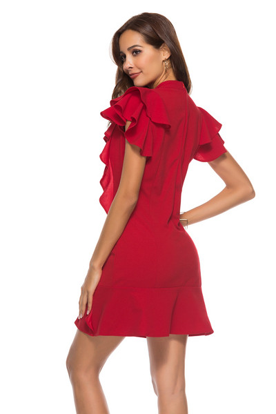 Κομψό γυναικείο φόρεμα σύντομο μοτίβο σε κόκκινο και μαύρο χρώμα