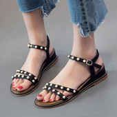 Öko bőrből készült női alkalmi szandál gyöngy díszítéssel három színben