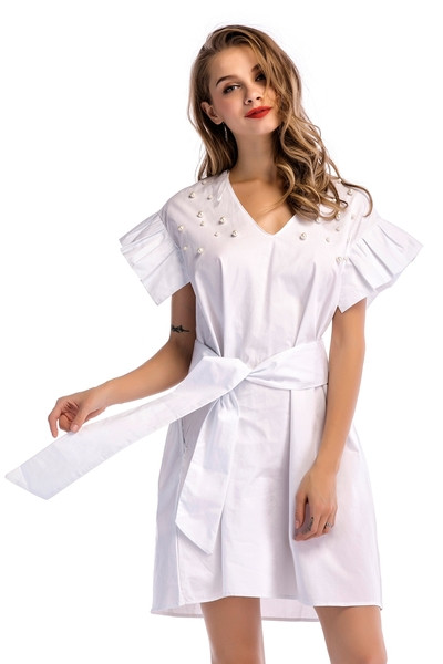 Rochie moderna de dama cu decolteu in V model lat in alb