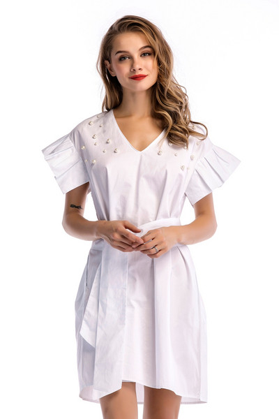 Rochie moderna de dama cu decolteu in V model lat in alb