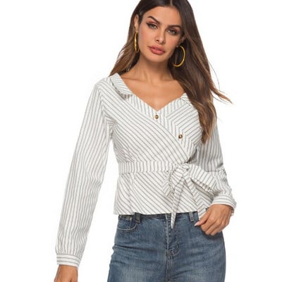 Modern női csíkos ing V-nyakú fekete-fehér színben