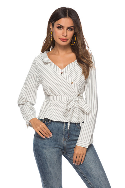 Modern női csíkos ing V-nyakú fekete-fehér színben