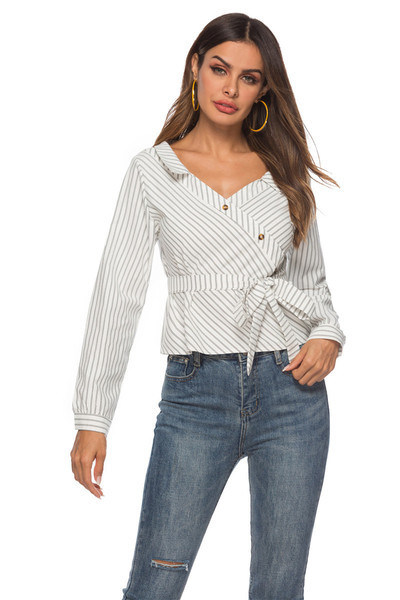 Modern női csíkos ing V-nyakú fekete-fehér színben