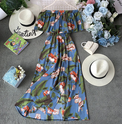 Modern női ruha virágmotívummal, különböző színekben