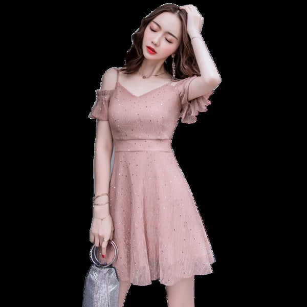 Μοντέρνο γυναικείο αμάνικο φόρεμα με ντεκολτέ σε σχήμα V σε ροζ χρώμα