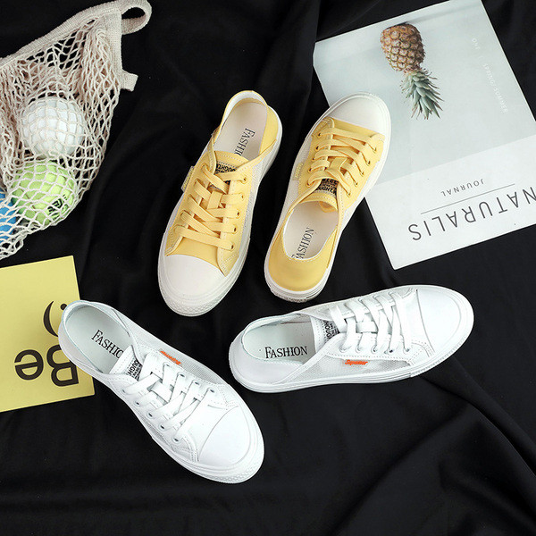 Καθημερινά γυναικεία πάνινα παπούτσια  σε κίτρινο και λευκό χρώμα