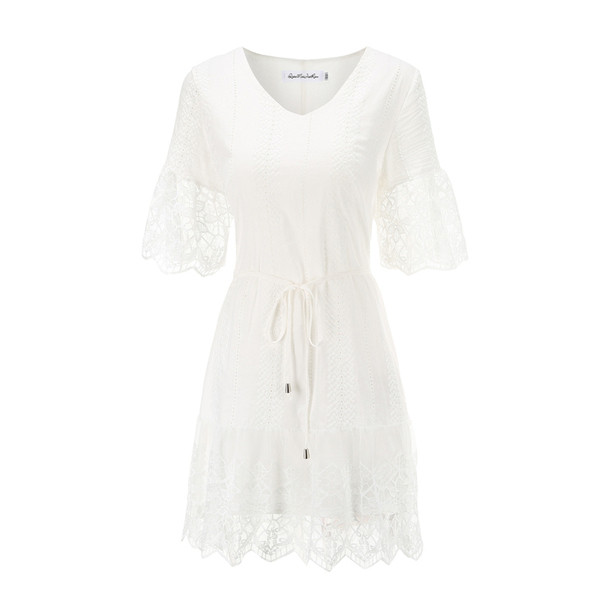 Modern női ruha csipkével és V-nyakú fehér színben