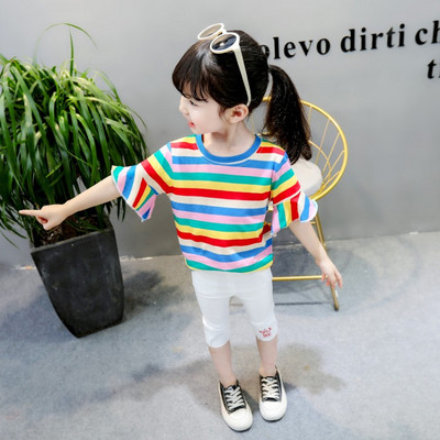 Детска раирана тениска с О-образно деколте за момичета