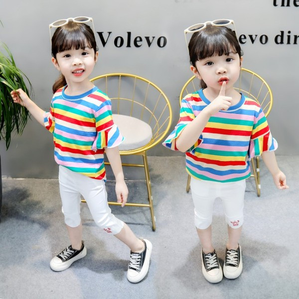 Детска раирана тениска с О-образно деколте за момичета