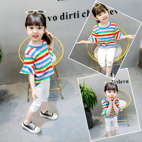 Детска раирана тениска с О-образно деколте за момичета