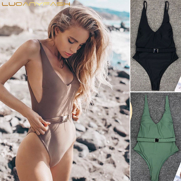 Ολόσωμο γυναικείο μαγιό με ζώνη σε μαύρο, καφέ και πράσινο χρώμα